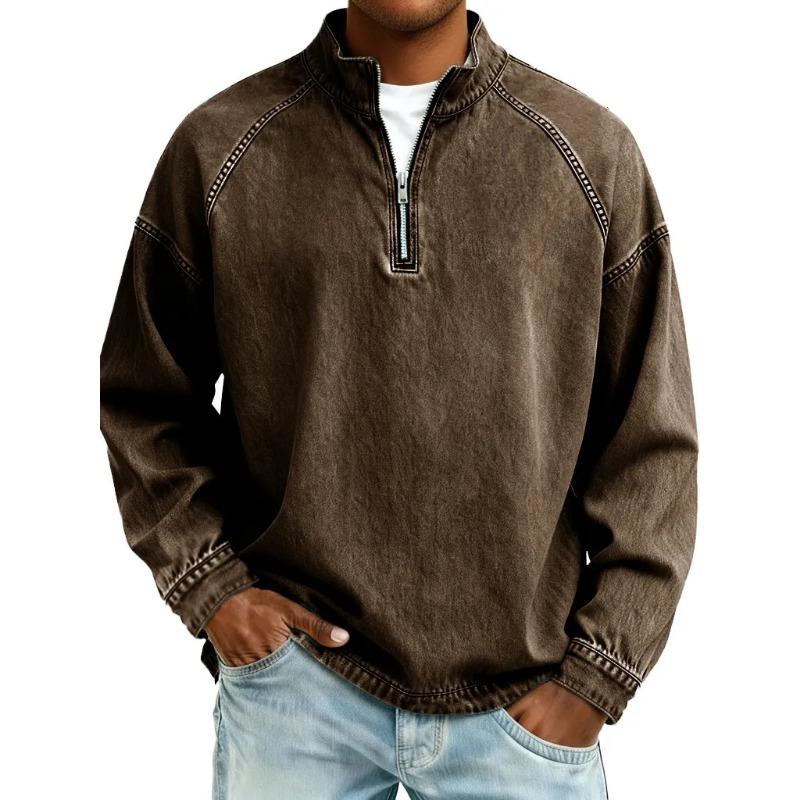 Frühling Herbst Stehkragen Vintage Einfarbiges T-Shirt Herren Langarm Reißverschluss Pullover Oberteil Herren Lässig Allround-T-Shirt