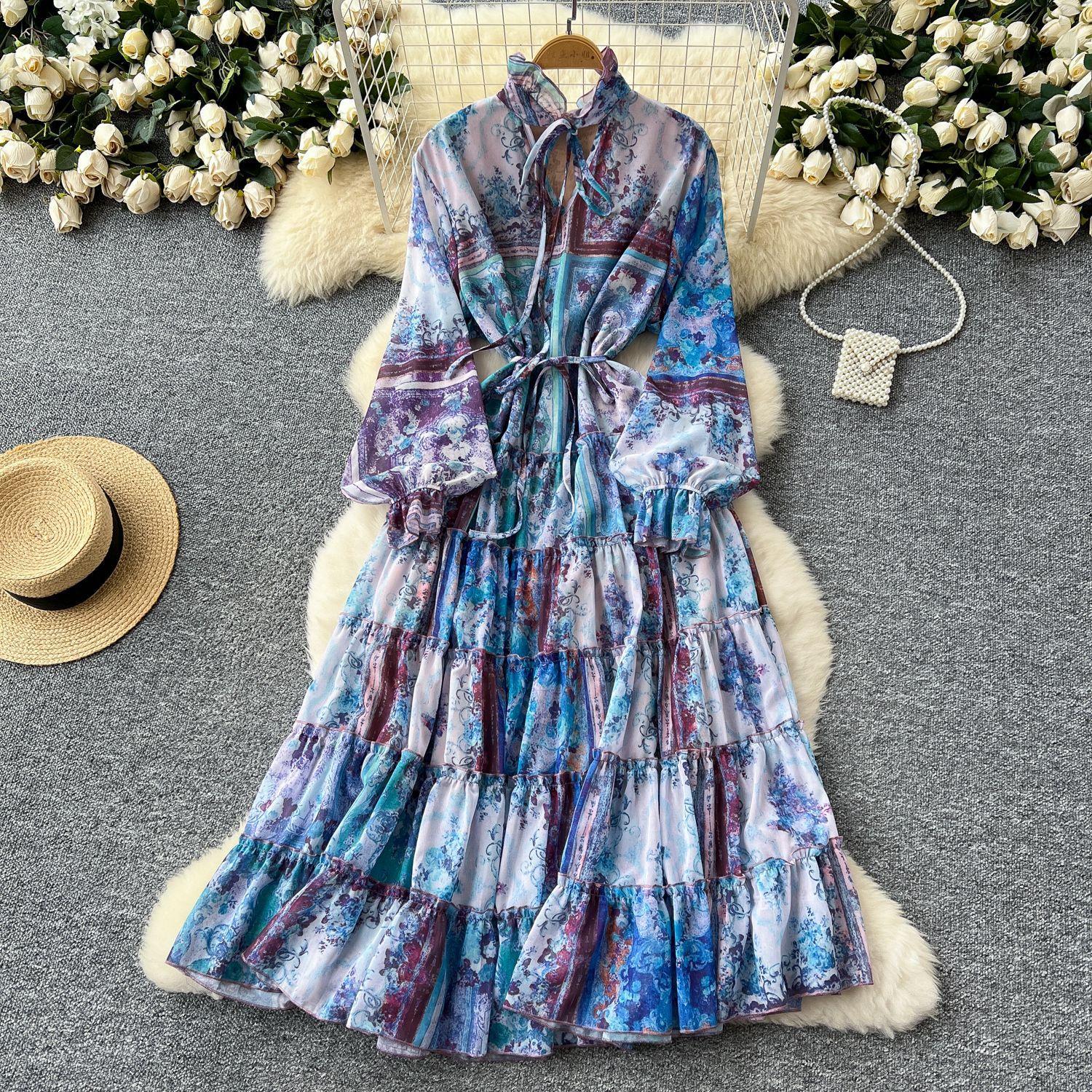 

Элегантное платье в стиле французского ретро с принтом, утягивающей талией и стильным оборчатым платьем для женщин One size синий