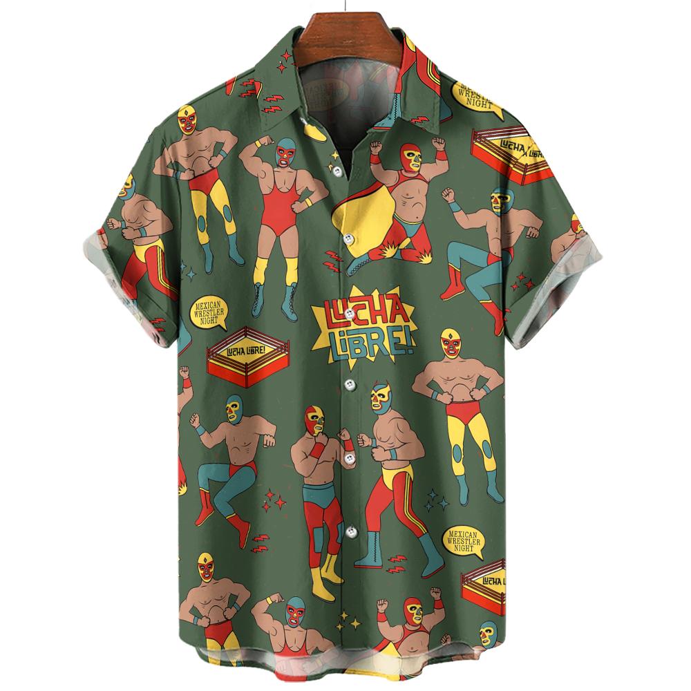 Camisa de Playa Casual de Moda Patrón 3D de Luchador Camiseta Retro Manga Corta Vacaciones al Aire Libre Camisa para Hombre y Mujer