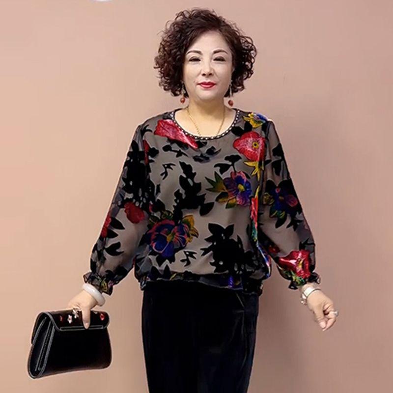 Spring and Autumn Women's Plus-Size Blouse Loose Fit Printed Silk Blouse Round Neck Floral Velvet Blouse