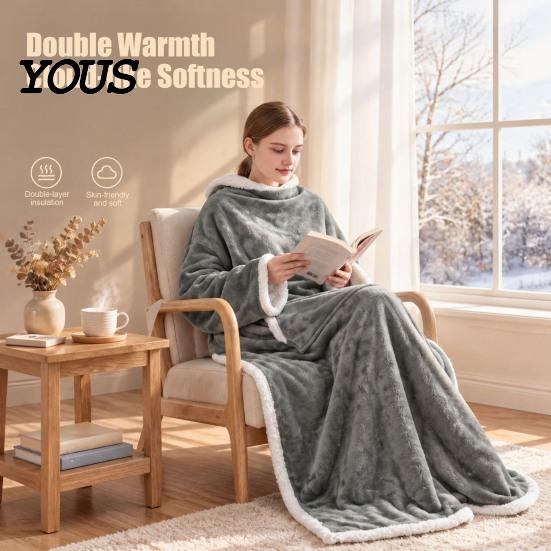Fleece gefütterte Decke für Nickerchen Flanell Tragbar mit Ärmeln, Erwachsene Winter Kängurutasche, Weicher Gemütlicher Plüsch Überwurf Kalte Tage Drinnen Entspannen Fernsehen Schauen