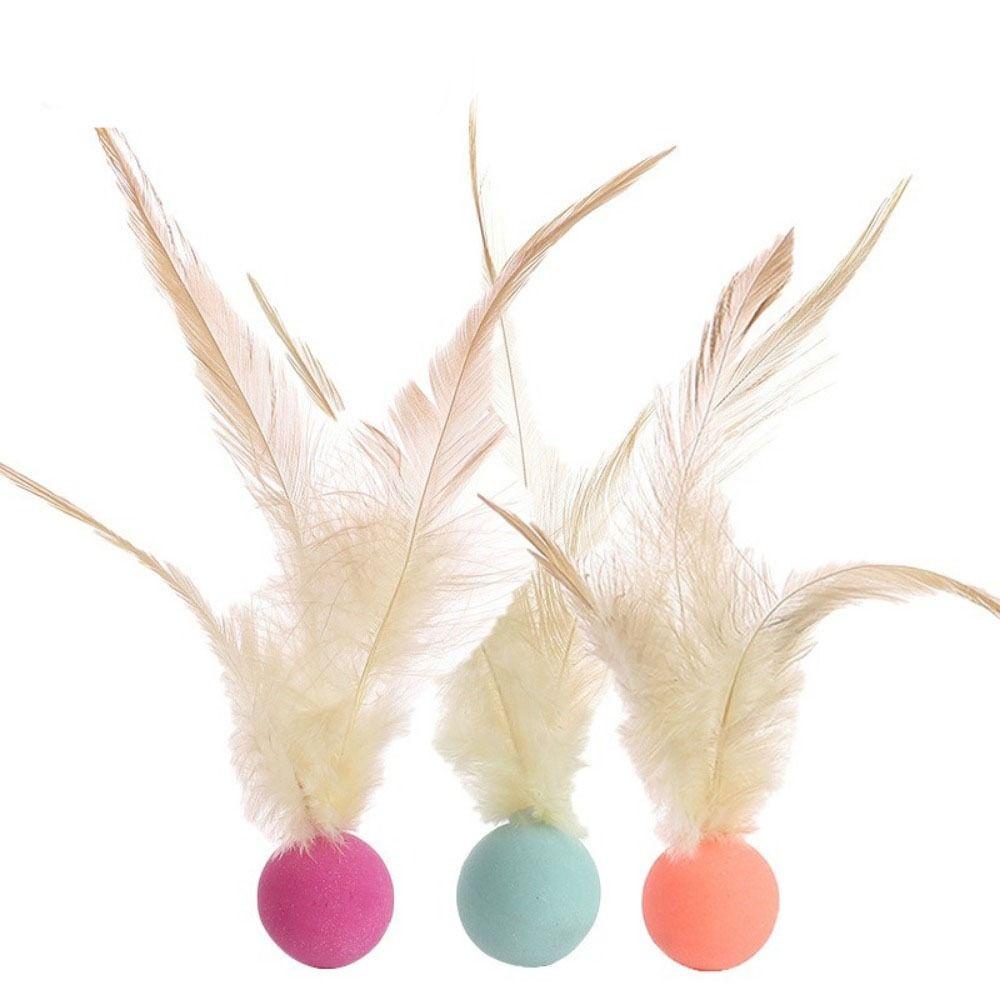 3Pcs Solid Biting Cat Interactive Ball Toy with Feathers Self Fun Cat Toy Bouncing Balls Interactive Play Elastic