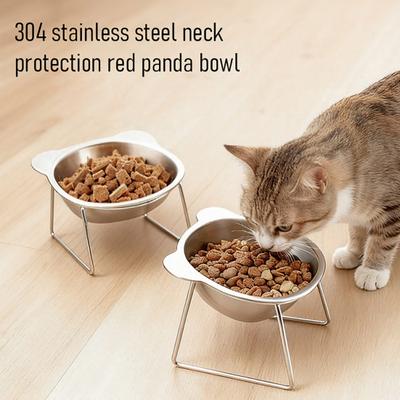 Elevated Pet Bowl Stainless Steel Raised Cat Bowl Tilted Pet Bowl with Removable Stand Cute Ears for Cats Dogs Neck