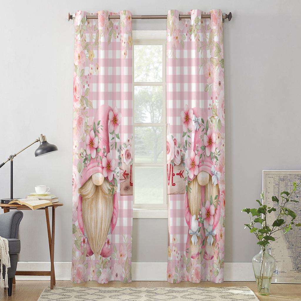 Valentine'S Day Gnome Floral Plaid Window Curtains for Living Room Bedroom Curtain Modern Kitchen Blinds Drapes Curtains