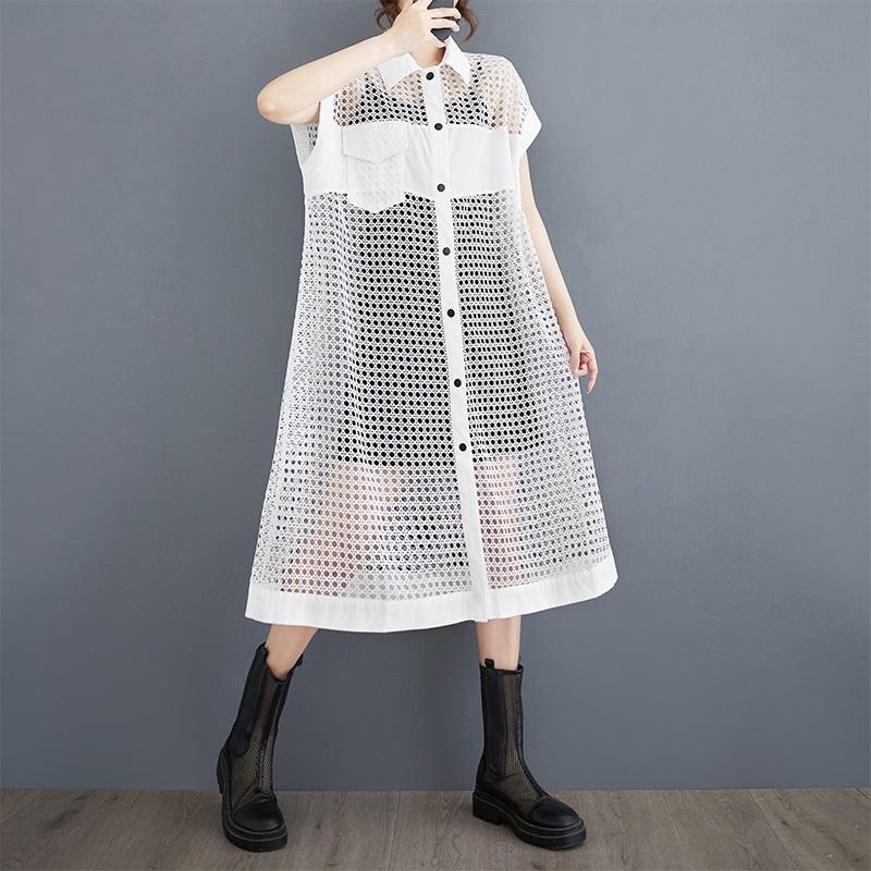 Vestido camisero largo informal holgado de verano sin mangas, de malla, sexy, con agujeros y perspectiva, nuevo, para mujer