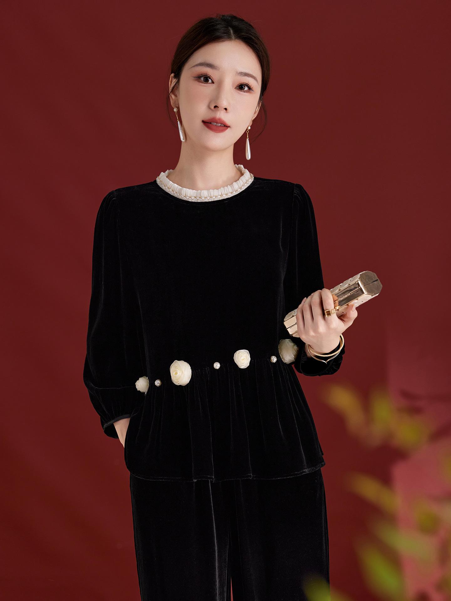 

Осень 1987 Женская блузка премиум-класса из шелкового бархата с длинным рукавом Extra Large чёрный