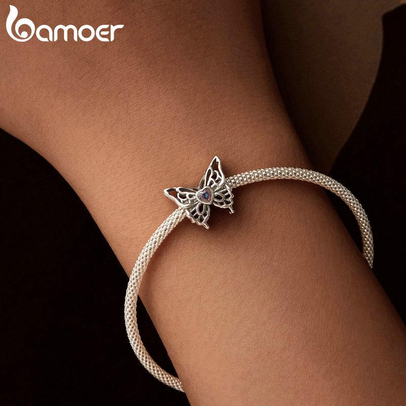 Bamoer 925 Sterling Silver Retro Butterfly Hollow Dangle Charm Beads for Bracelet Necklace Women Personalized Gift Jewelry