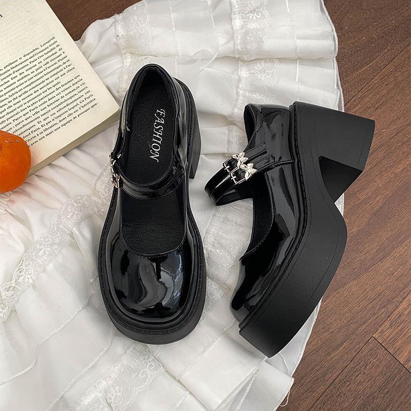 Round head heightened platform British style small leather shoes women's 2025 new autumn and winter French thick heel Mary Jane single shoes comfor