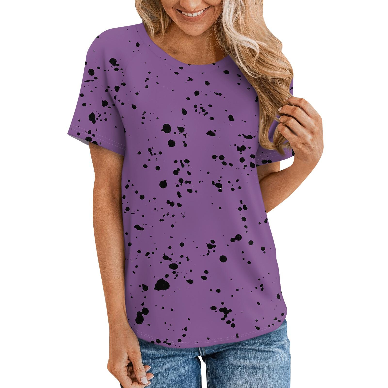 

Женские футболки с коротким рукавом, свободные повседневные футболки с круглым вырезом и острым принтом, топы для женщин M фиолетовый