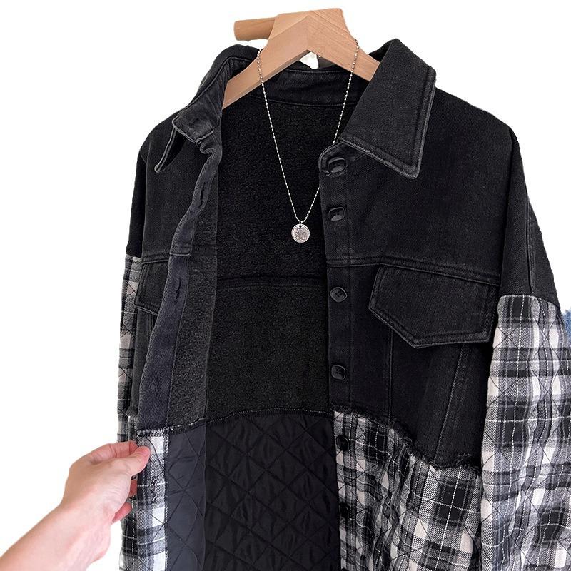 Women's Retro Patchwork Plaid Denim Jacket - Autumn/Winter 2023, Loose Fit, Slimming, Versatile, Plus Velvet Padding.