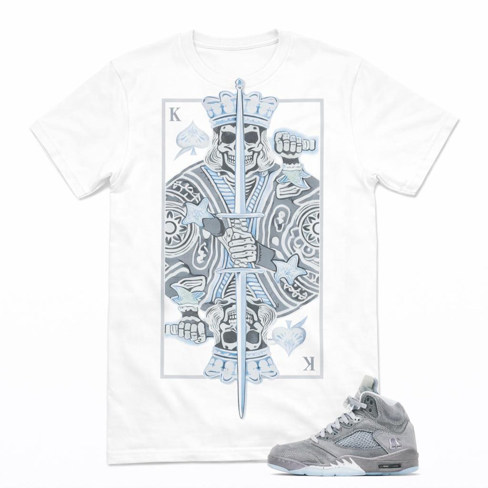 Royal Skull King Playing Card Graphic T-Shirt with Blue Accent Cross Design 5 Wolf 4XL