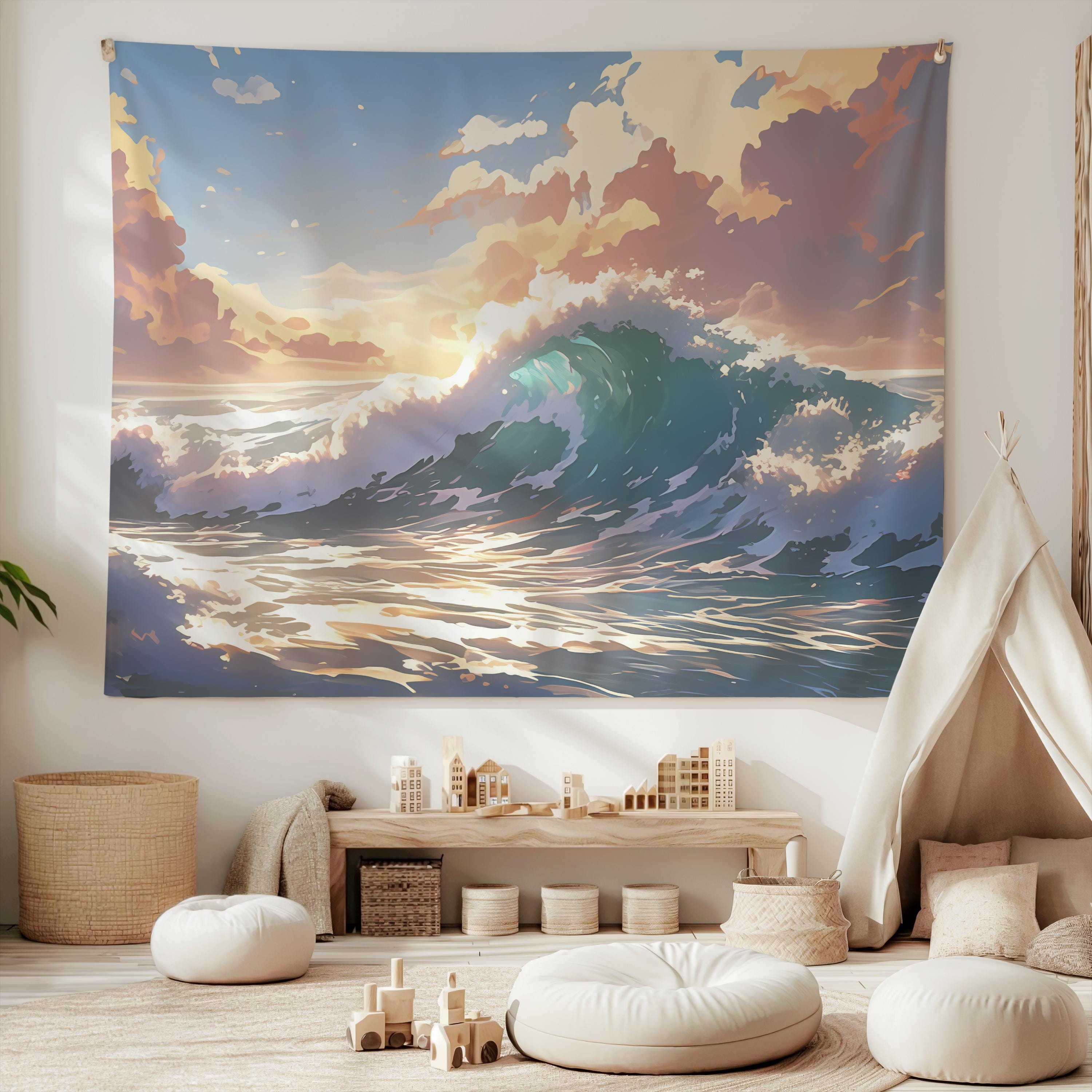 Healing Series Sunset Wave Tapestry Fresh Ins Wind Background Cloth Living Room Decoration Hanging Cloth Room Decoration 100X70CM