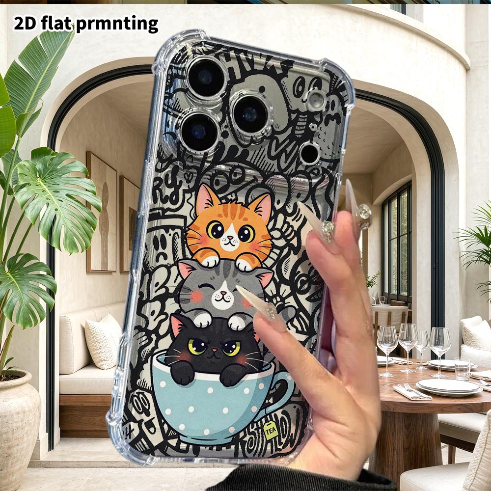 Phone Case: 2D Flat Suitable for iPhone 18 17 16 15 14 13 Pro, Transparent Four Corner Protective Case, Teacup Three Flower Cat, Christmas and Hallowe