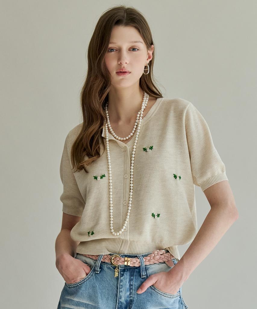 MAXZA Mini Flower Embroidered Button Short Sleeve Knit