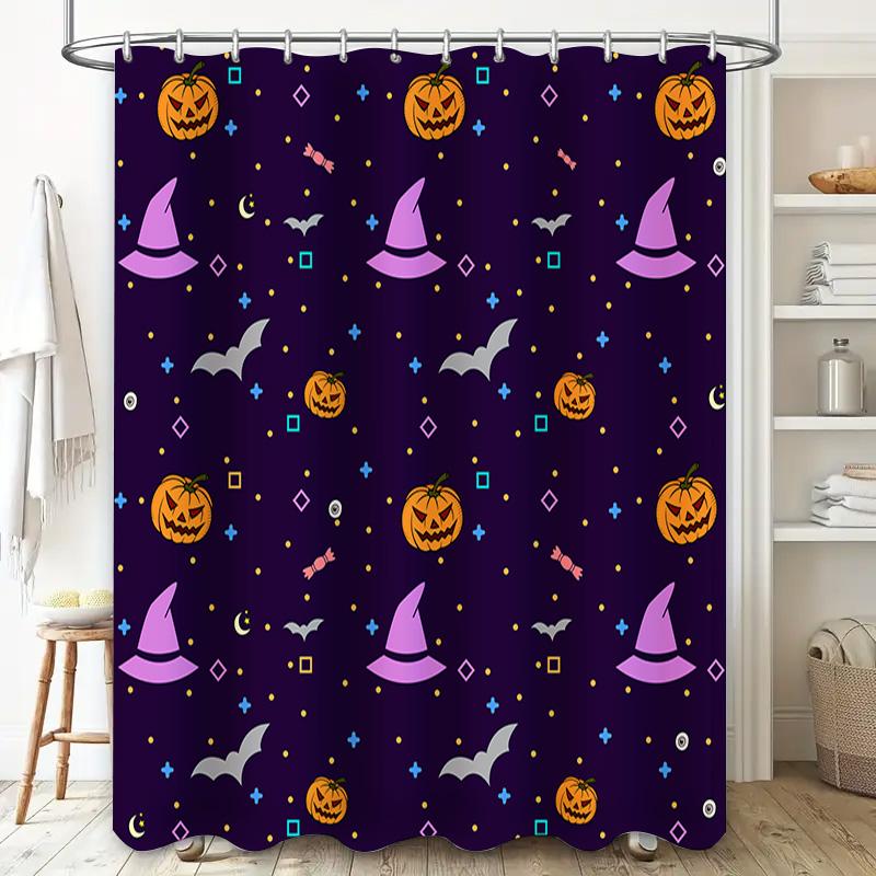Purple Halloween Shower Curtain With Pumpkin Witches Hat Bats Candy Cane Pattern For Bathroom Decor In Home Accessories