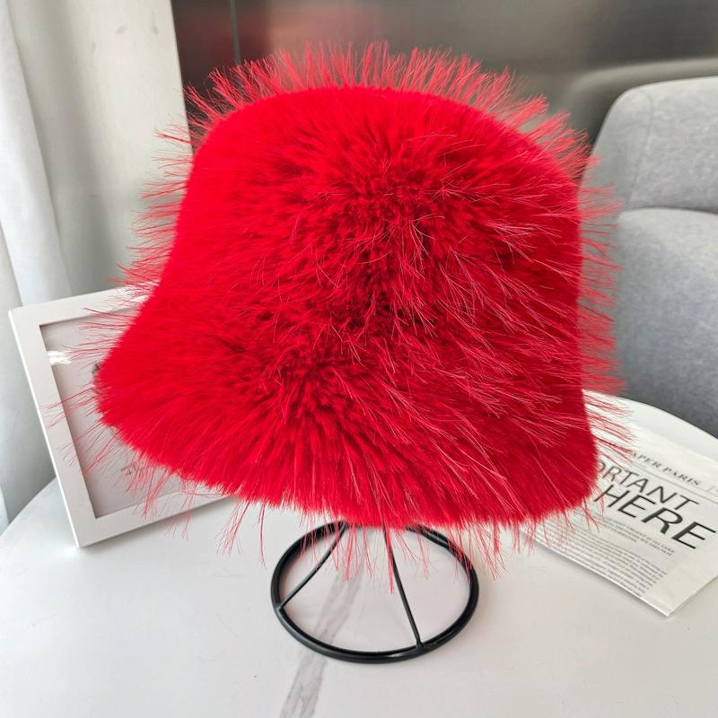 

Новая женская модная универсальная теплая плюшевая шляпа-ведро из искусственного лисьего меха на осень и зиму, японская, визуально уменьшающая лицо Dark button adjustable