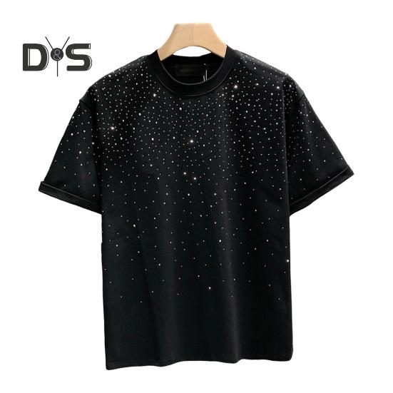 

Летняя мужская футболка с декором из стразов, круглый вырез, свободный чистый цвет, пуловер с короткими рукавами, повседневная повседневная одежда средней длины, спортивный топ M