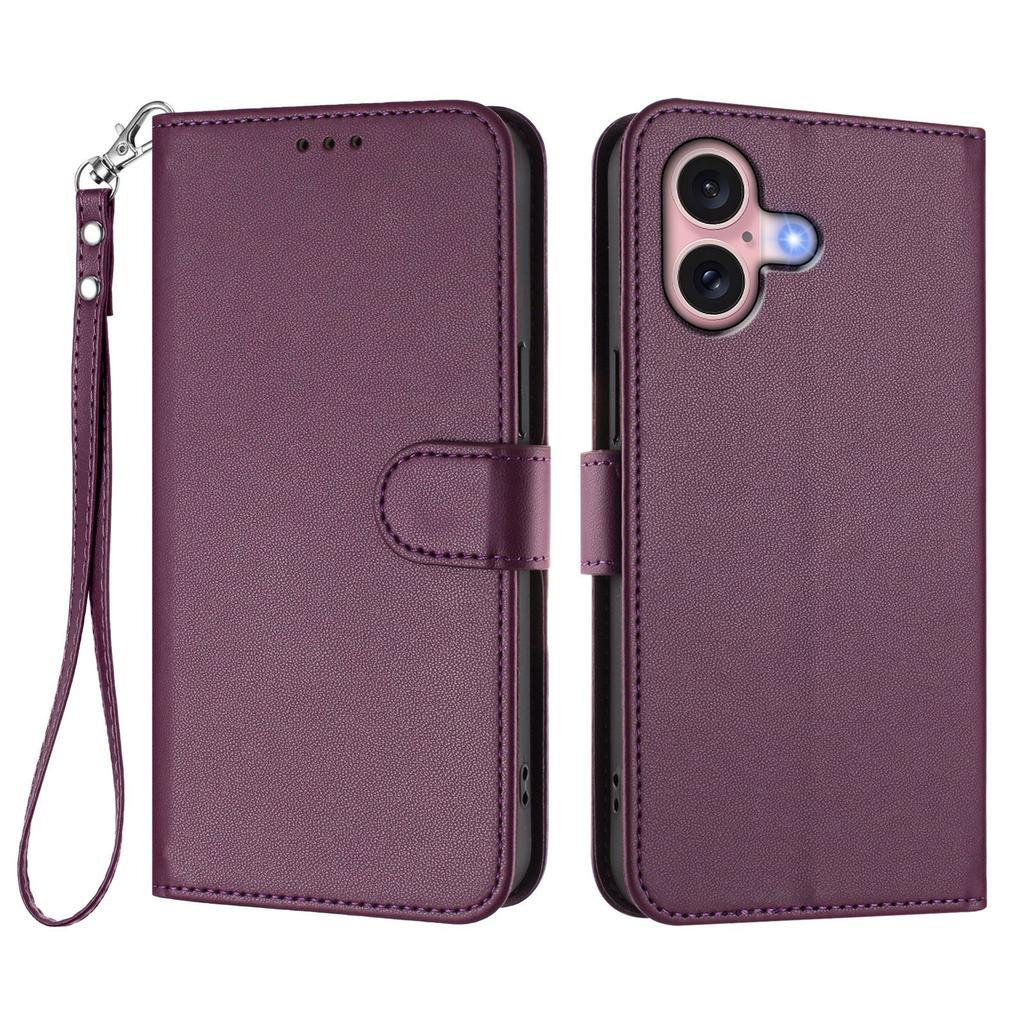 For iPhone 16 Leather Case Wallet Stand Phone Cover with Wrist Strap