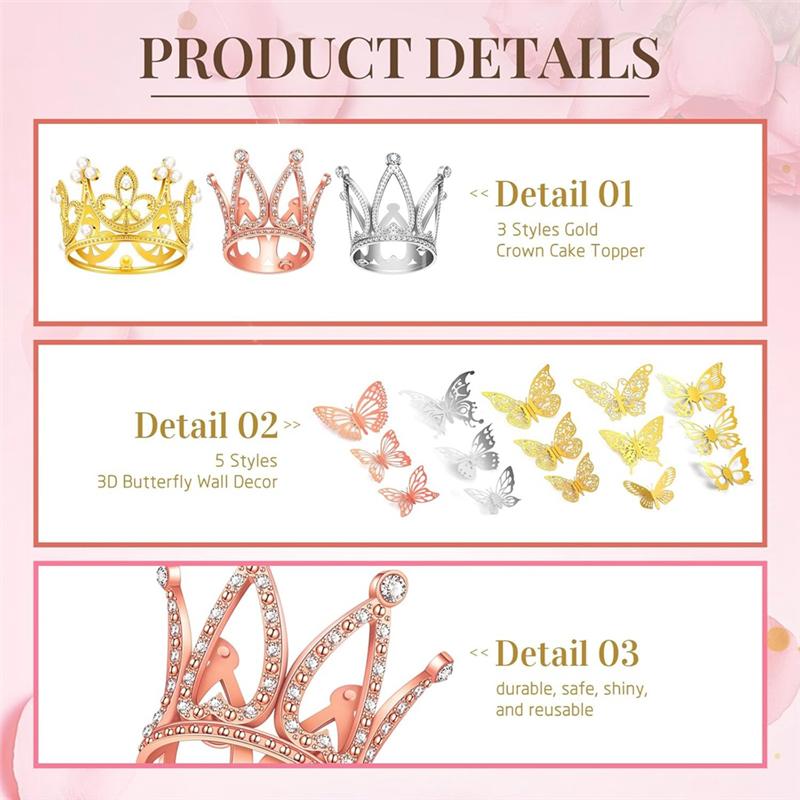 M-Modern-166 Pcs Crown Decor For Flower Bouquet With 6 Crown Cake Topper 100 Corsage Pins 60 Butterflies