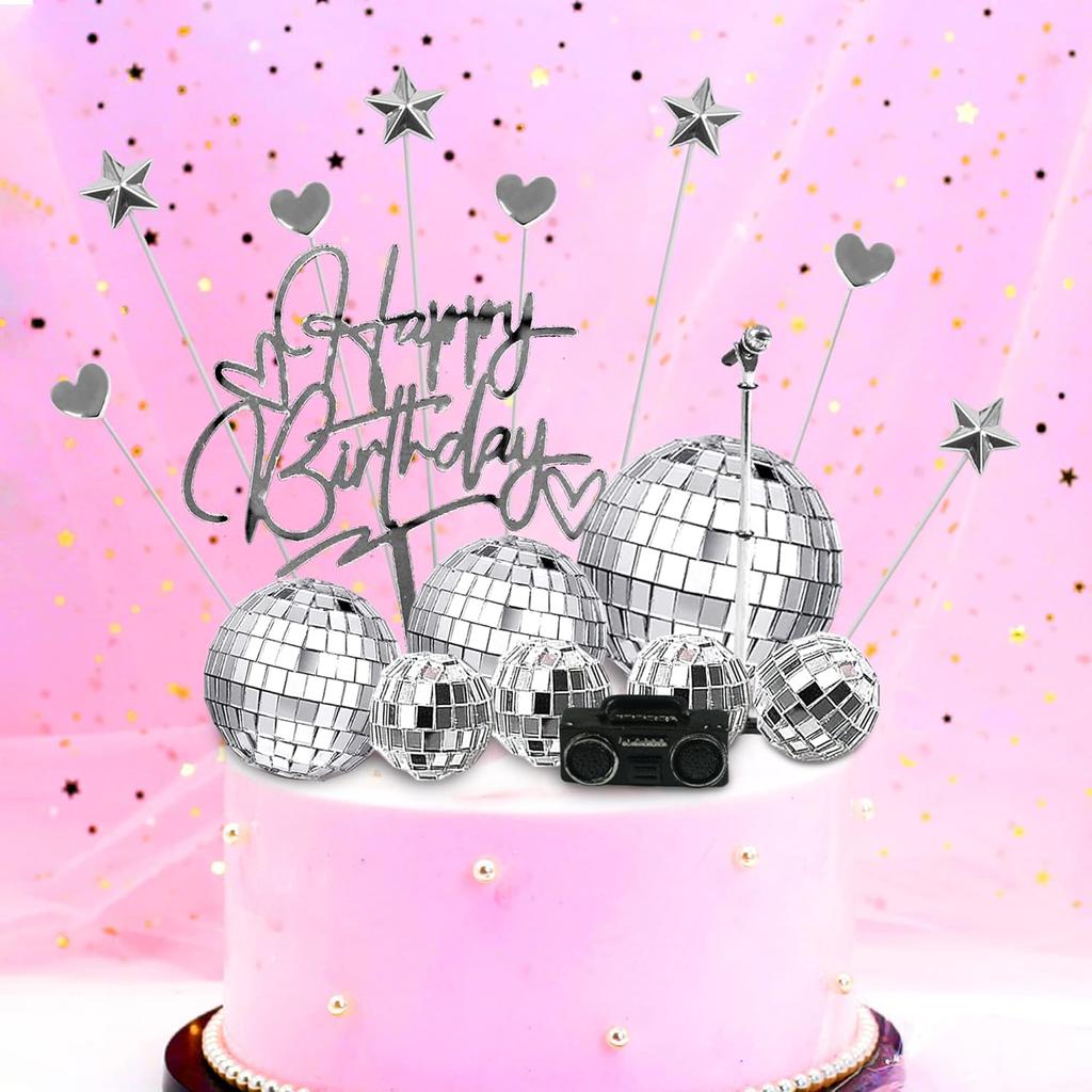 23PCS Disco Ball Cake Toppers with DJ Bling Silver Mirror Balls and Mini Microphone Radio Decor for 70s Dance Party Supplies