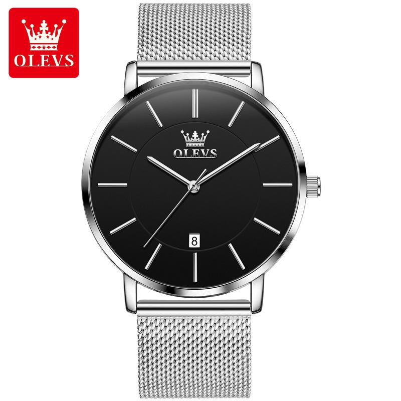 OLEVS Ultra Thin 6.5mm Minimalist Fashion Quartz Watch for Men Mesh Steel Strap Auto Date Waterproof Men Wristwatches