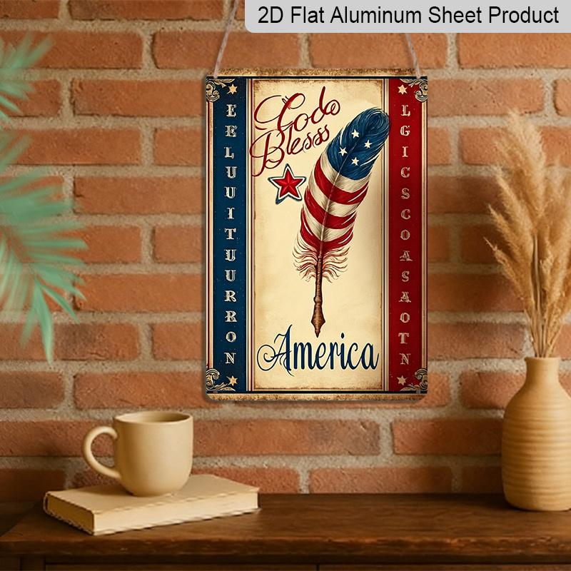 2D Flat, 1pc Patriotic Metal Sign - God Bless America Wall Art with Stars Feathers Design, 8x12 Inch Rustic Aluminum Sign for 4th of July Outdoor