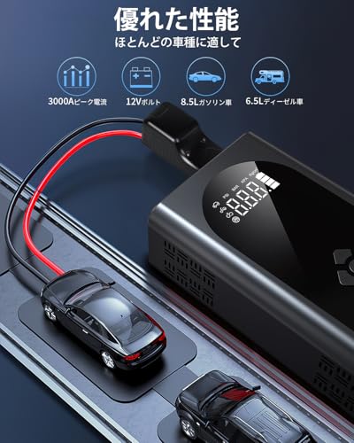 JUUE Jump Starter, Špičkový proud 3000A, Elektrická vzduchová pumpa, Vybaven kompresorem, Startér motoru, 15800mAh, Nouzový start pro automobily, Baterie