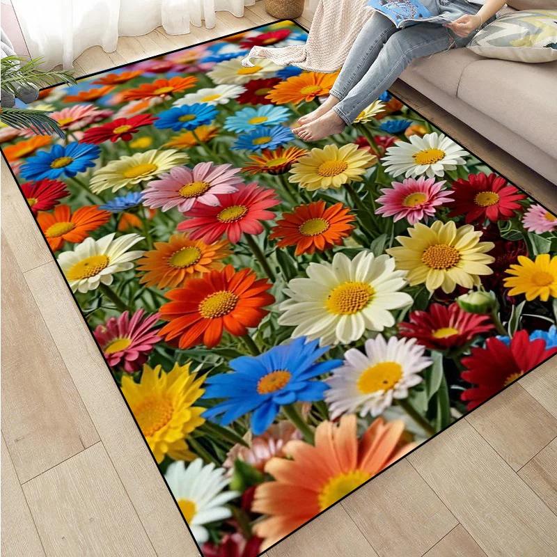 Rose Sunflower Daisy Peach Blossom Carpet Mat Colorful Flower Area Decorative Rugs for Room