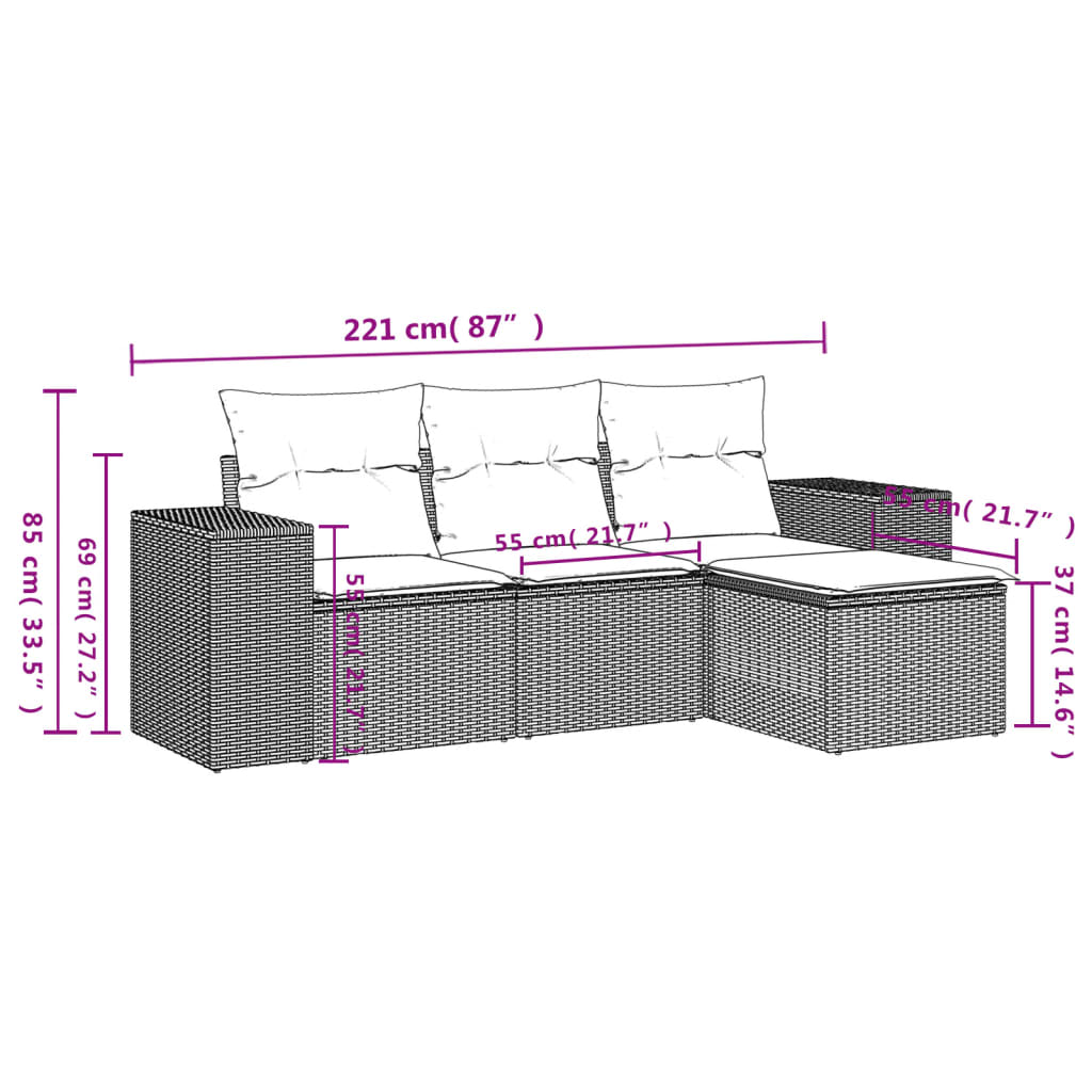 4 Piece Grey Outdoor Sofa Set with Cushions Poly Rattan