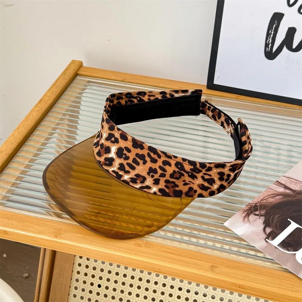 Fashion UV Protection Leopard Print Visor Cap Sunscreen Solid Color Transparent Hollow Hat Adjustable Cool Sun Hat Hiking