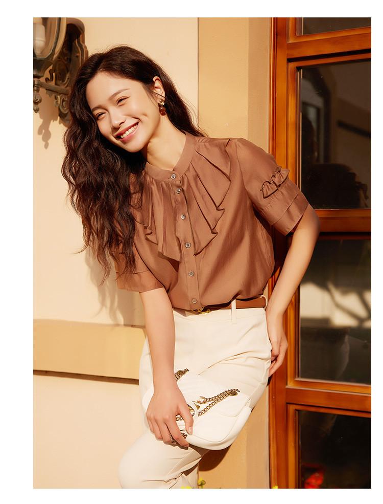 [Shirt] Summer solid color temperament commuting elegant slimming women's short-sleeved top