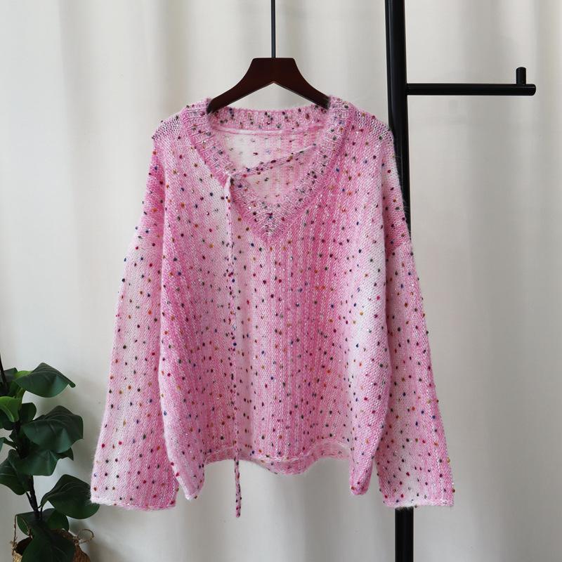 Autumn and Winter New Color Dot Design Knitted Sweater Top Soft Waxy Sequins Loose and Thin Sweater Pullover Women's Clothing