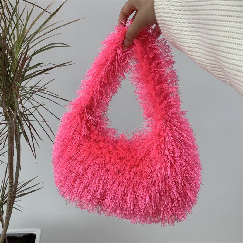 Einfarbige Damen-Schultertasche aus Kunstpelz, süße Winter-Plüsch-Handtasche, einfache Damen-Umhängetasche, Geldbörse, Clutch
