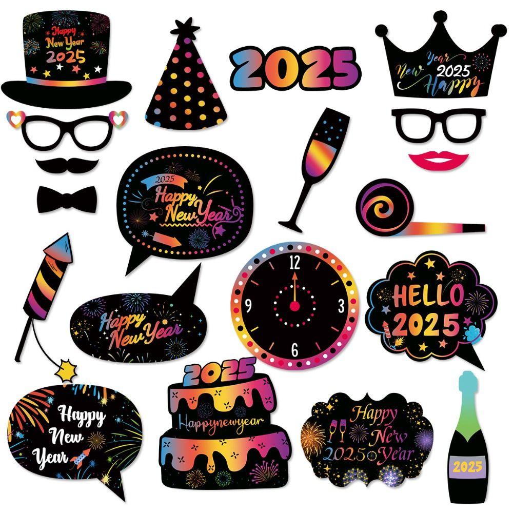 20pcs Colorful 2025 New Year Photo Booth Props Cartoon Happy New Year Decor  Birthday Party Supplies