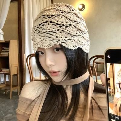 Hand-Knitted Hollow Out Turtleneck Hat for Women Spring Autumn Lightweight Breathable Yarn Bucket Hat Summer Trendy Overhead Hat