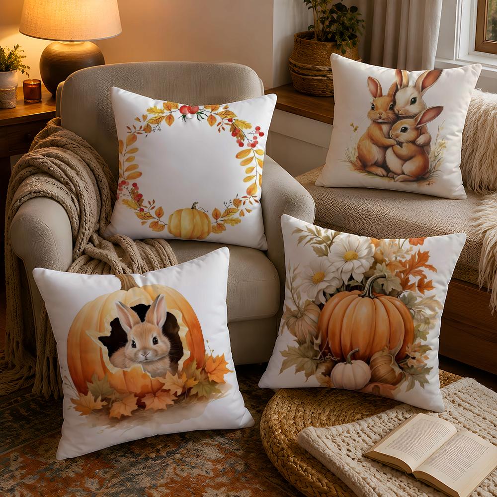 Fall Pumpkin Bunny Orange Design Cushion Cover Soft Plush Cushion Cover Double Print And Invisible Zipper For Sofa Home Car Use