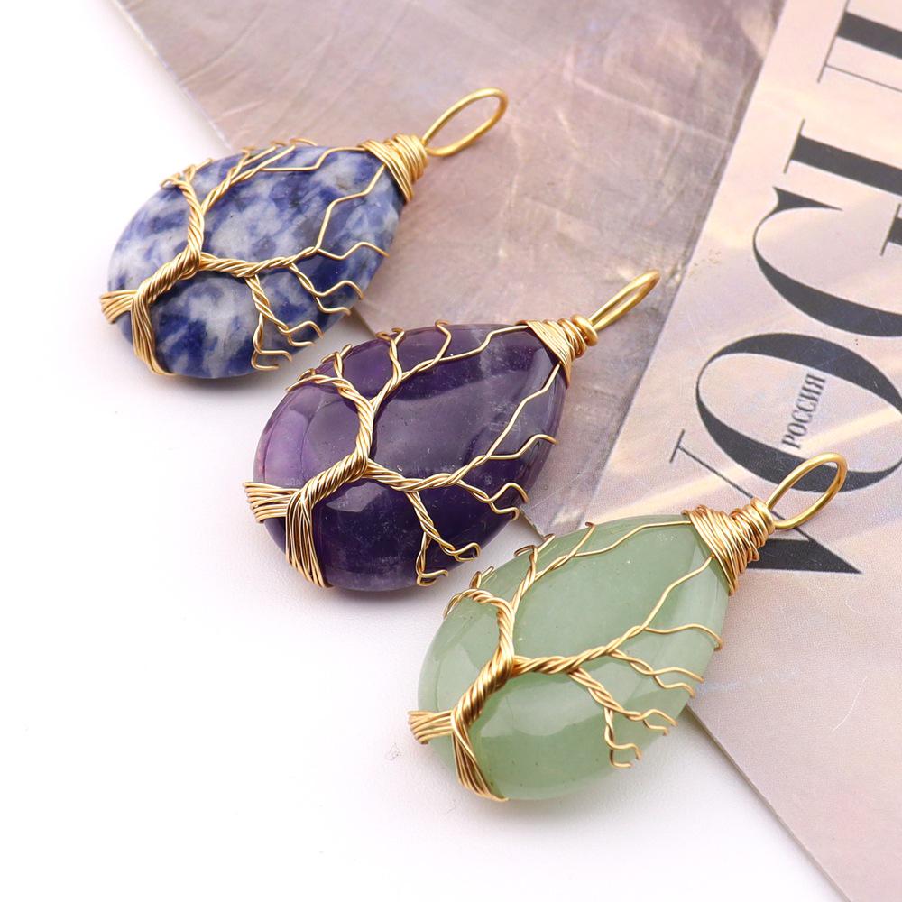 Natural Stone Agate Water Drop Tree of Life Pendant Necklace N781