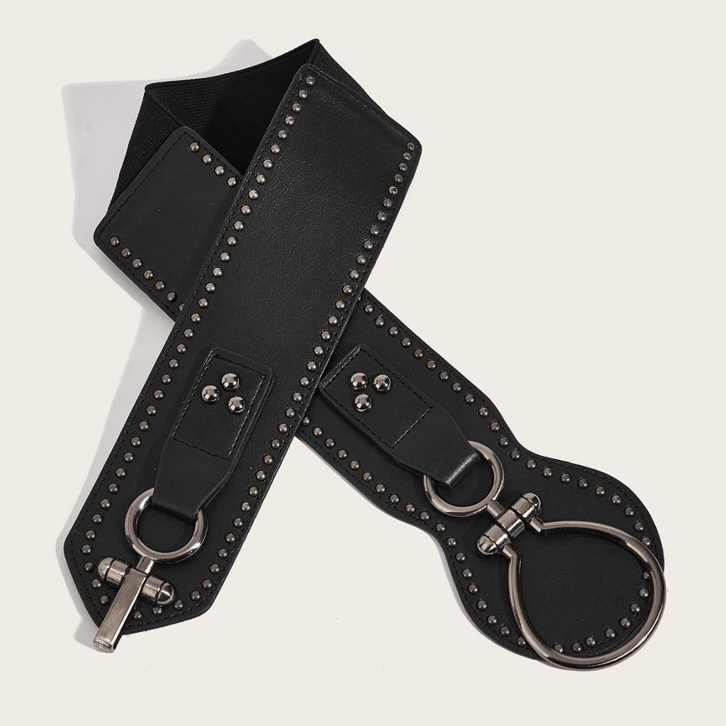 Fashion Color Solid Large Circular Buckle And Rivet Design Women Wide Waistband