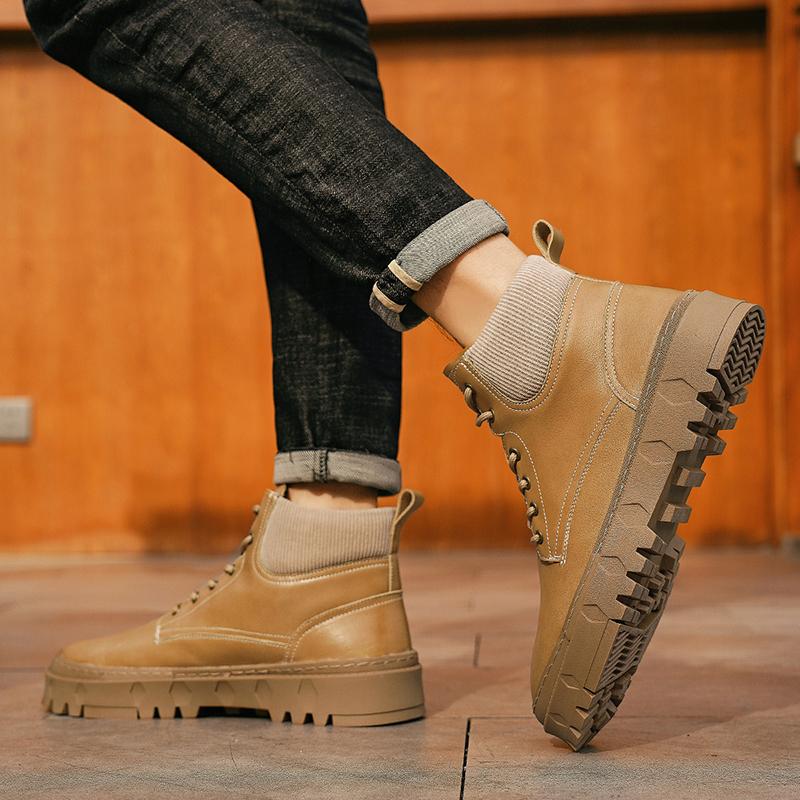 Fashion Men's high top leather shoes Luxury and high-quality genuine leather Party outdoor leisure motorcycle thick soled men's boots