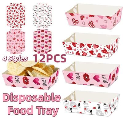 12Pcs/Set Creative Disposable Paper Food Trays Paper Boat-Shaped Trays Valentine's Day Dinner Plate Thickened Rectangular
