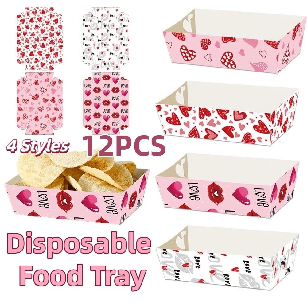 12Pcs/Set Creative Disposable Paper Food Trays Boat-Shaped Trays Rectangular Valentine's Day Dinner Plate Paper Thickened