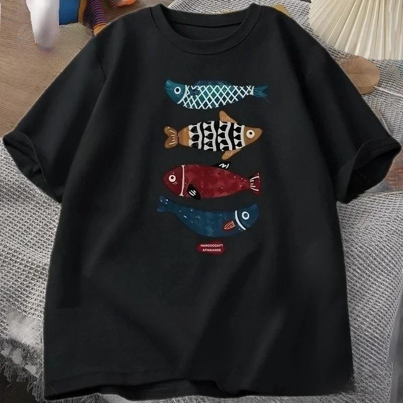 Mens Printed TShirt 100 Cotton Fish Pattern Versatile LooseFitting Comfortable TShirt