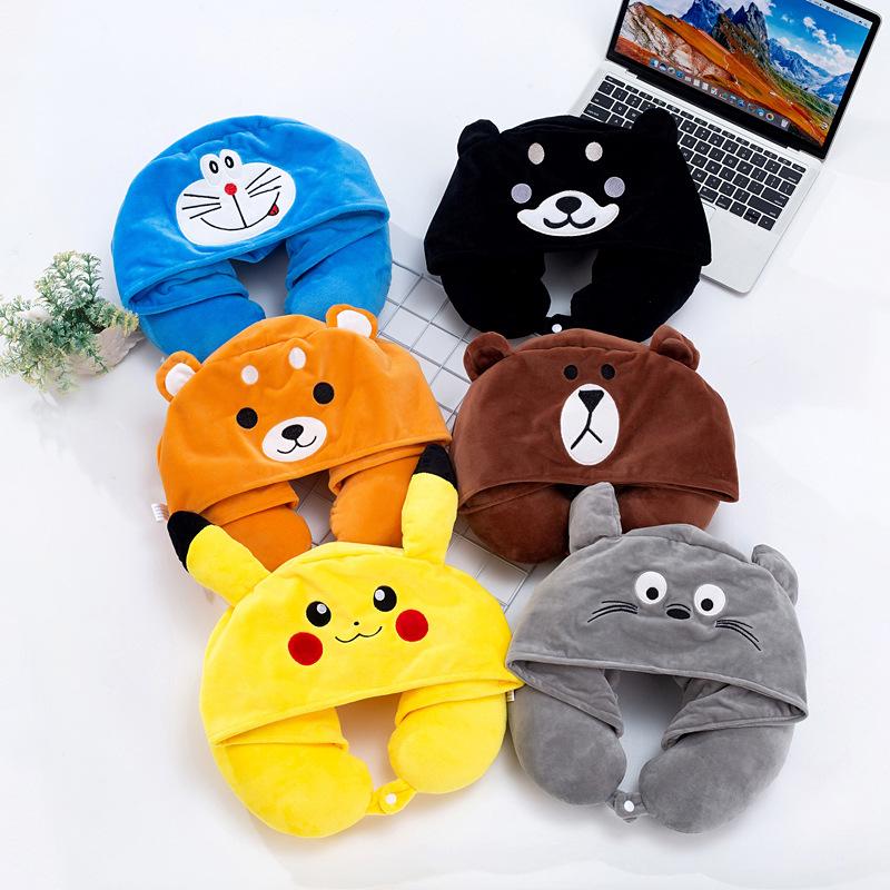 U Shaped Cartoon Neck Pillow Hooded Memory Foam Embroidery Multicolor Girls Gift