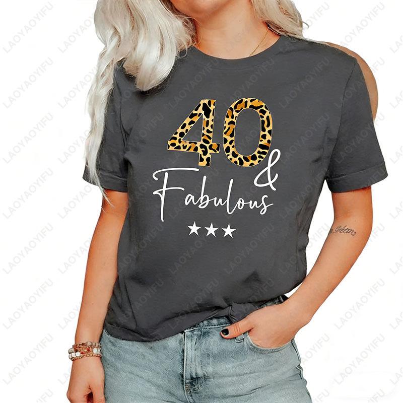 Personalised Custom Leopard Tshirt for Woman 40th Birthday Fabulous Bithday Age Perfect Gift Lovely Fashion Cotton Summer Tops S