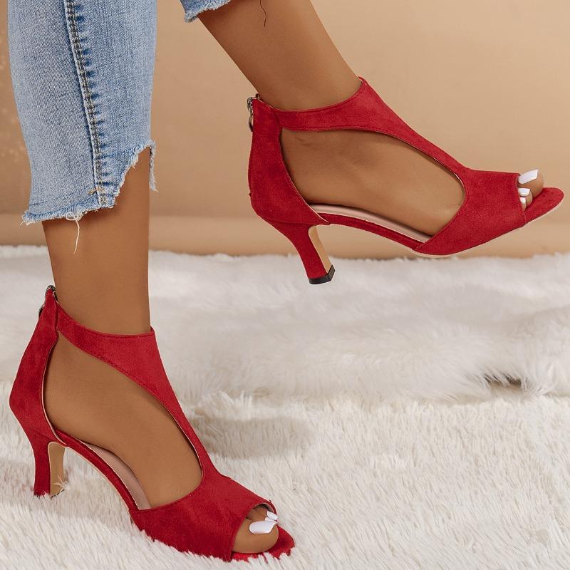 Fashion Shoes New 2025 Women High Quality Summer Woman Sandals Solid Color Rome Flock Mid Heel Zipper Open Toe Beach Sandals Female