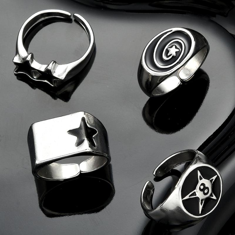 4 Pcs Punk Black Star Rings Set for Women Men Fashion HipHop Silver Color Geometric Thick Finger Ring Y2K Unisex Jewelry Gifts