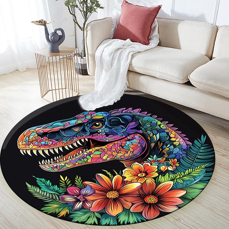 Colorful Dinosaur Round Area Rug,Carpet Rug for Living Room Bedroom Sofa Playroom Decor,Non-slip Floor Mat