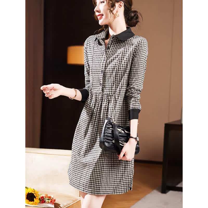 D.F.DEAR Women's Houndstooth Lapel A-Line Long Sleeve Dress