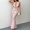 Women's Sexy Solid Color Halter Neck Hollow Out Sheer Lace Slim Fit Mermaid Maxi Evening Party Dress
