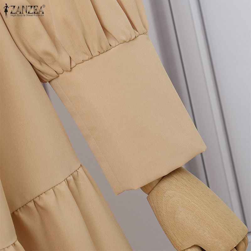 ZANZEA Women Casual V-Neck Solid Color Long Sleeve Loose Long Dress